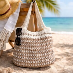 gehaakte strandtas aan zee